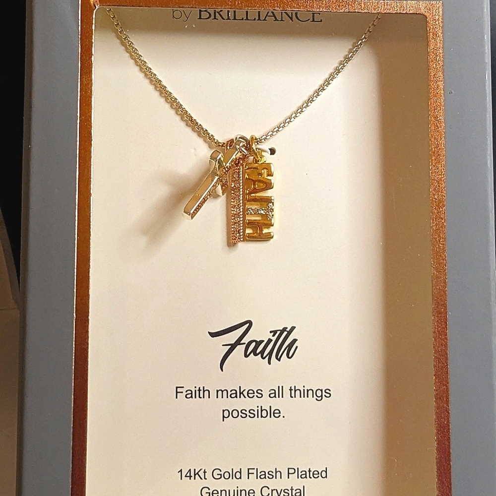 New w/‎ Box Brilliance Cross & Faith 14 Kt Gold Plated Crystal Pendant Necklace